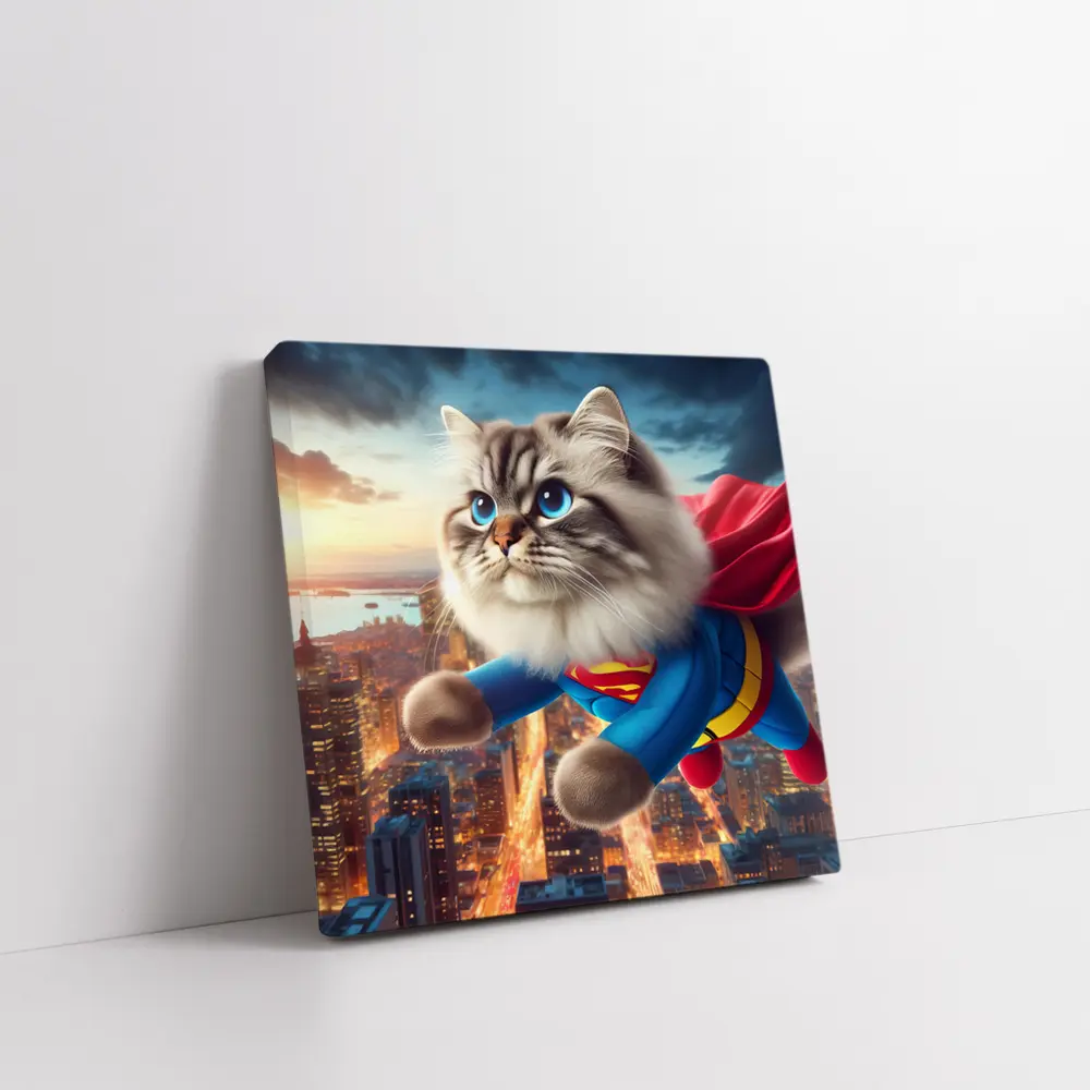 Birman Cat Superman Flying Over City – Wall Art