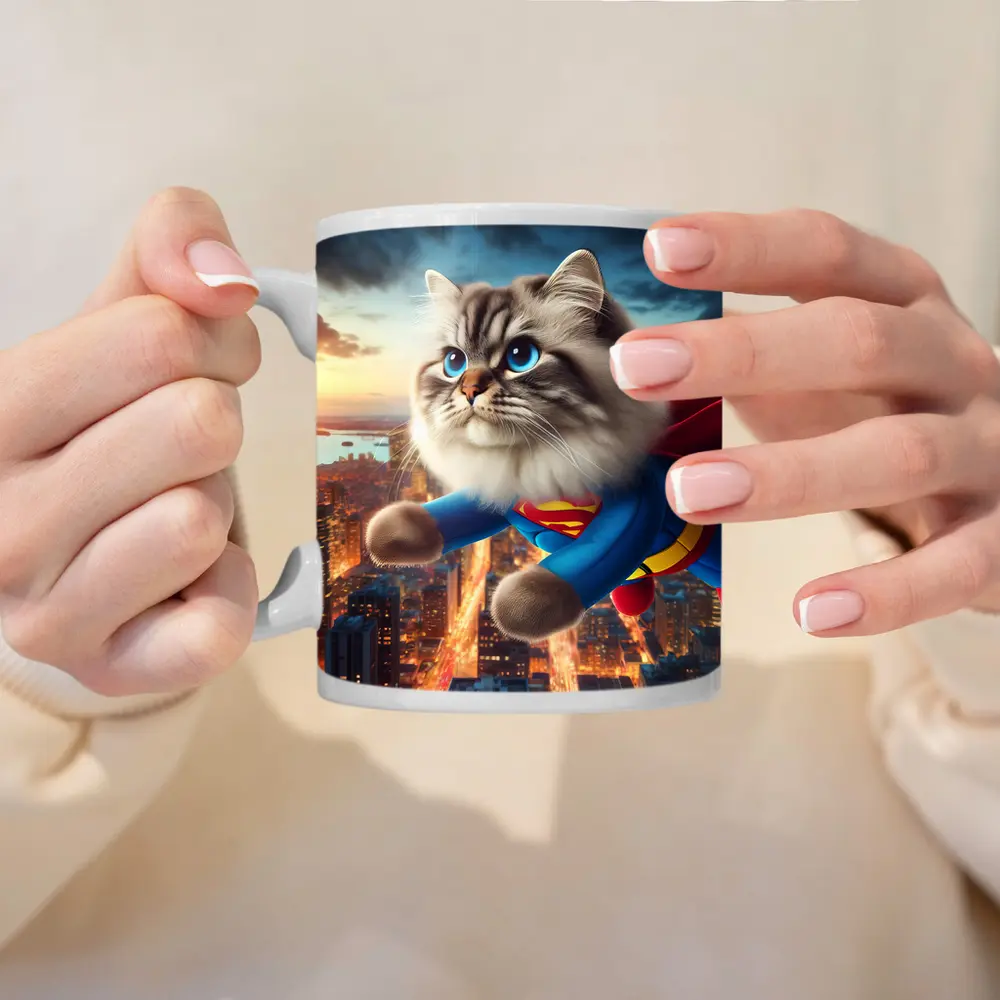 Birman Cat Superman Flying Over City – Mugs