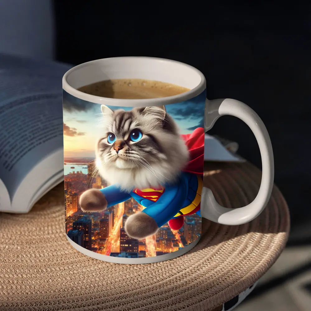 Birman Cat Superman Flying Over City – Mugs
