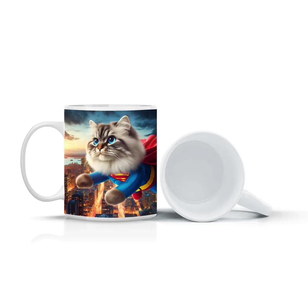 Birman Cat Superman Flying Over City – Mugs