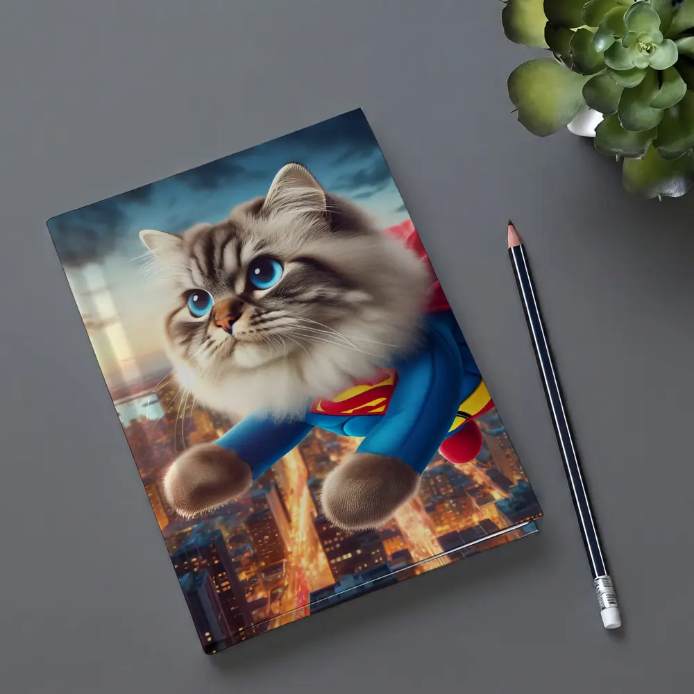 Birman Cat Superman Flying Over City – Notebooks