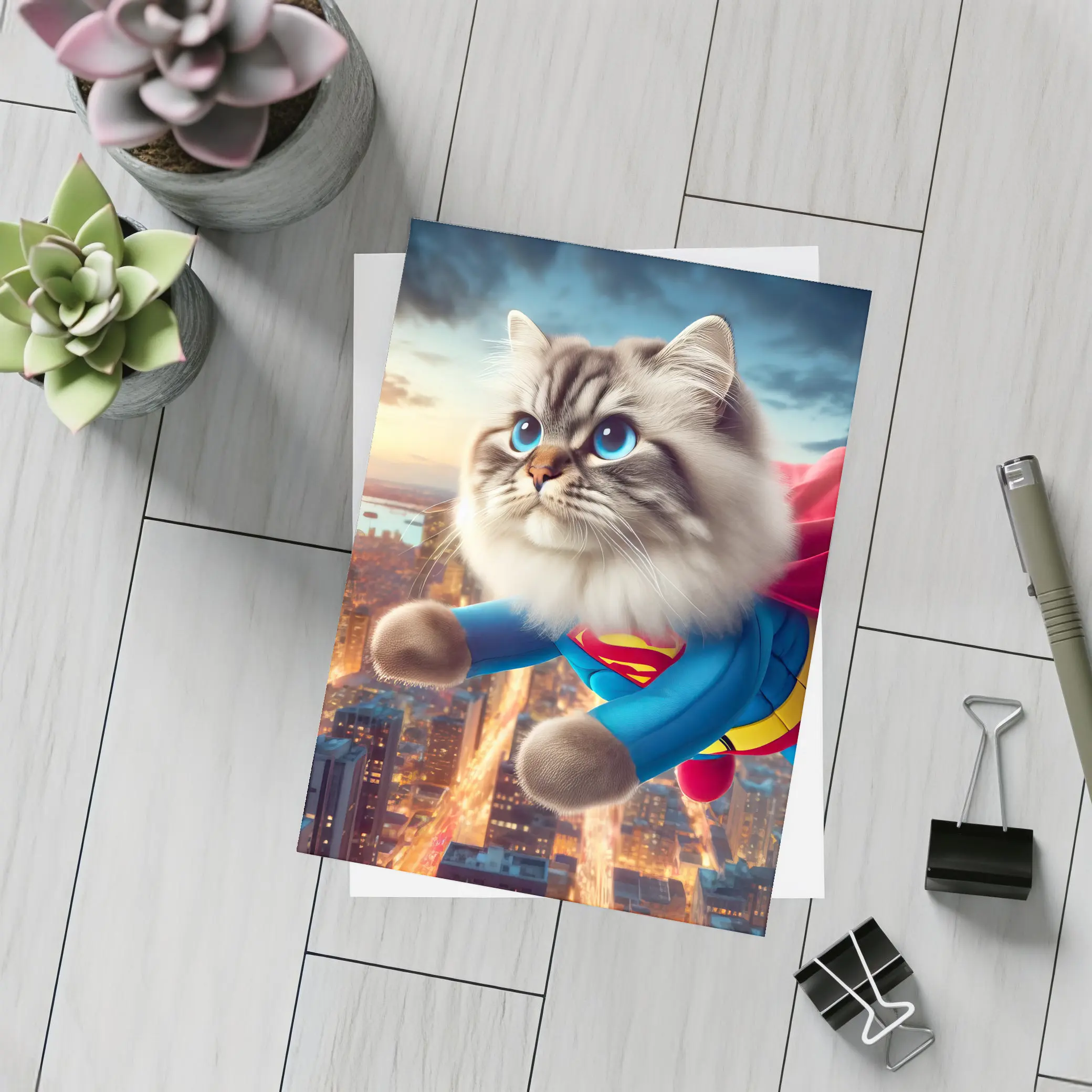 Birman Cat Superman Flying Over City – Postcards