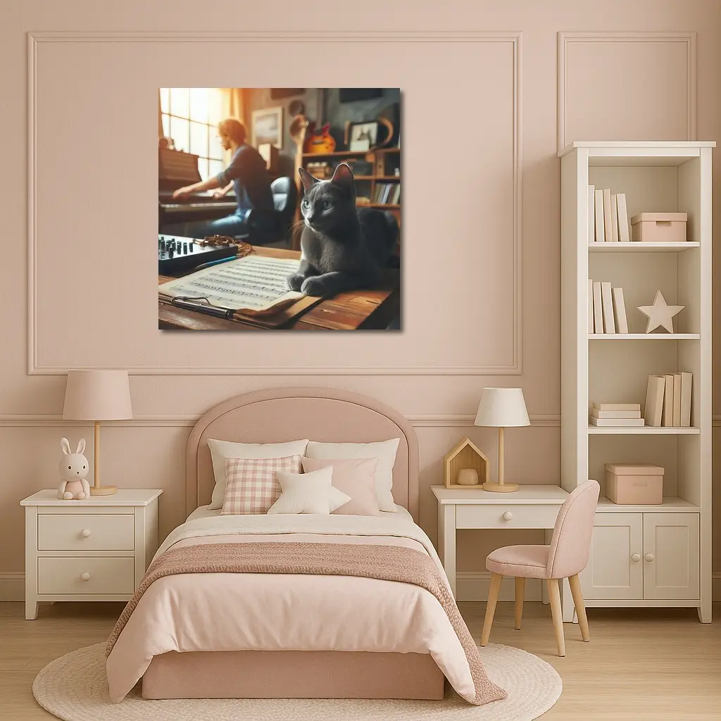 Russian Blue Cat Music Studio Scene – Wall Art