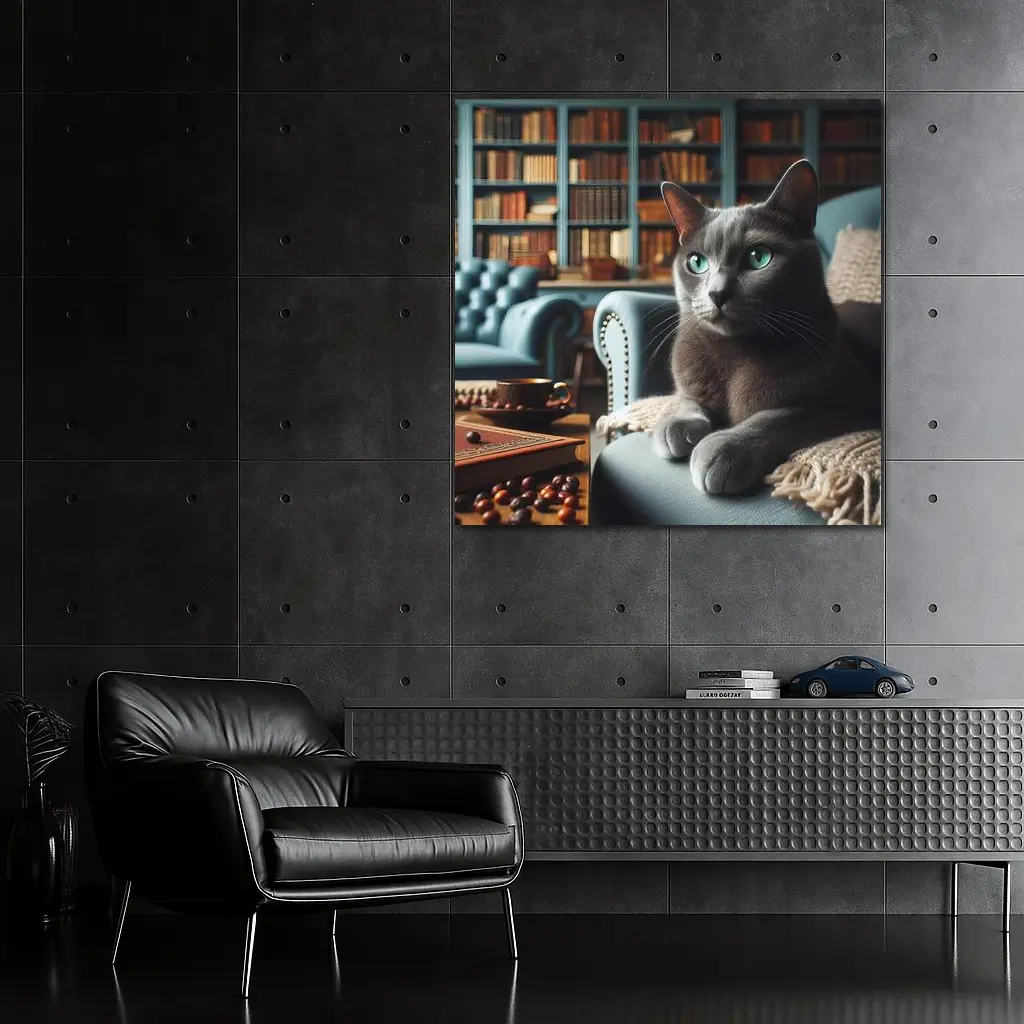 Russian Blue Cat Cozy Library Room – Wall Art