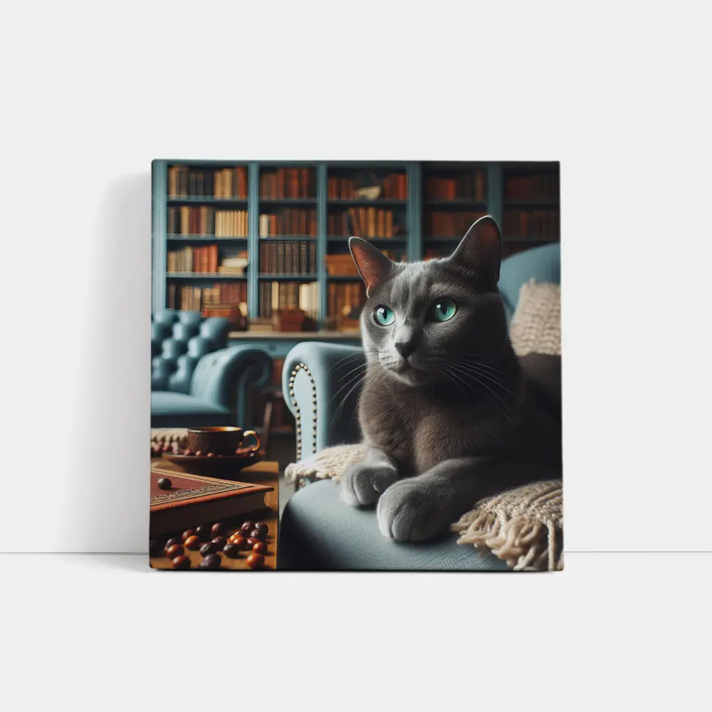 Russian Blue Cat Cozy Library Room – Wall Art