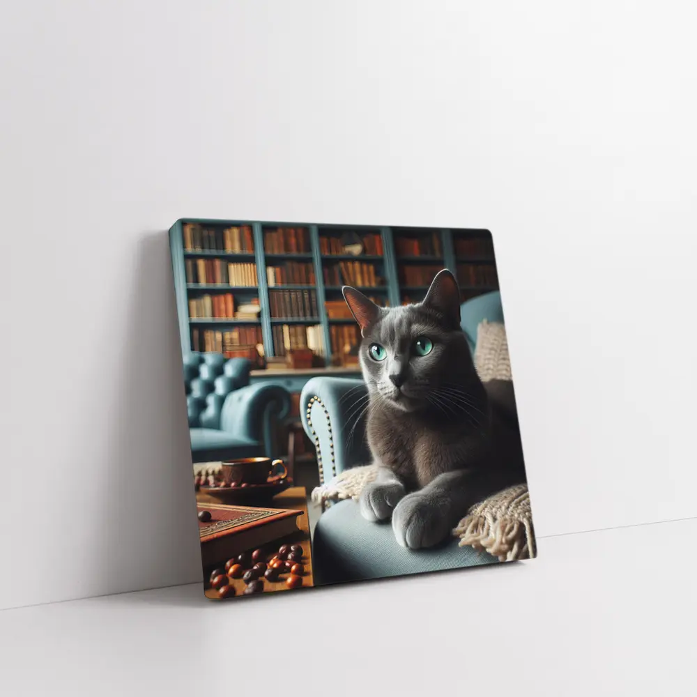 Russian Blue Cat Cozy Library Room – Wall Art