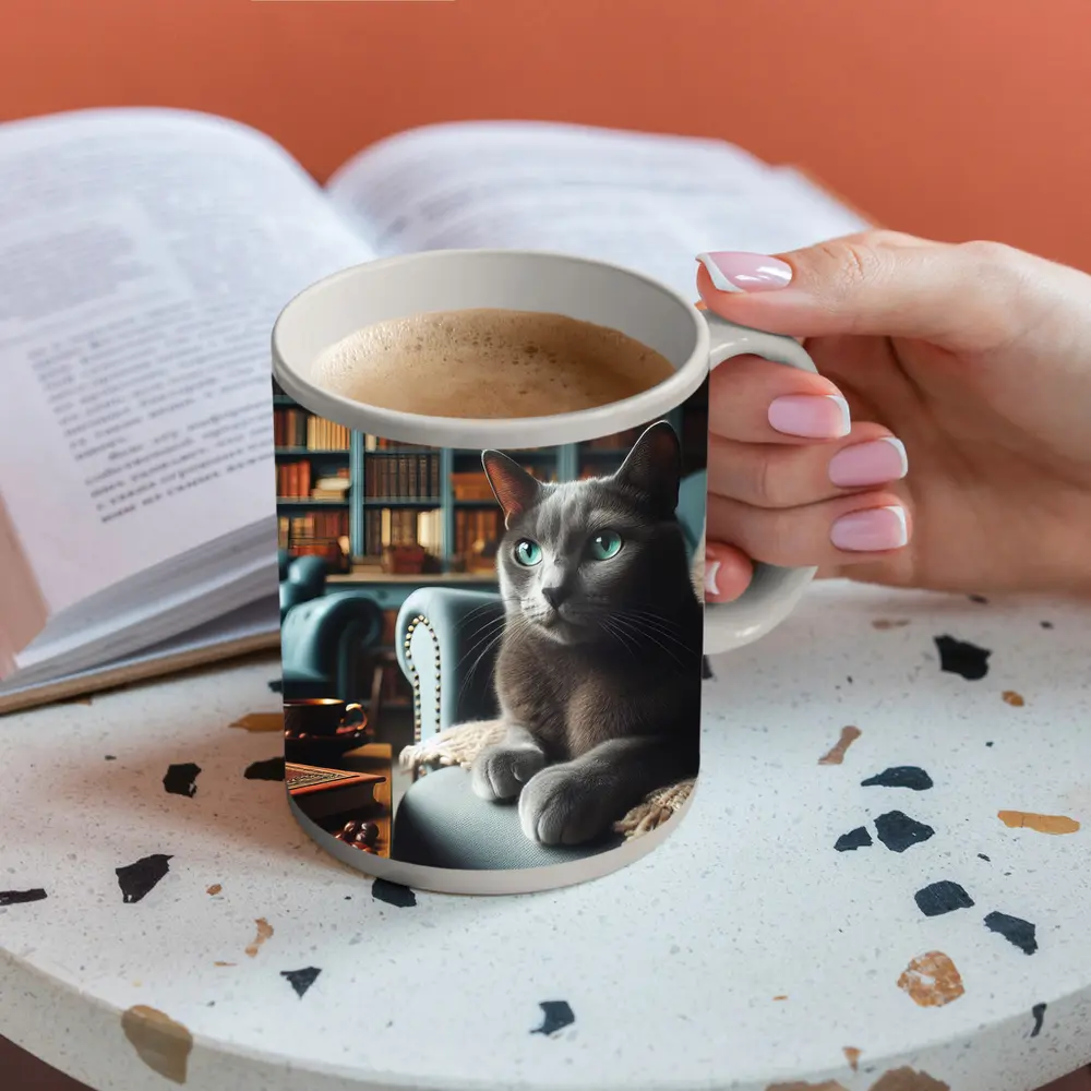 Russian Blue Cat Cozy Library Room – Mugs