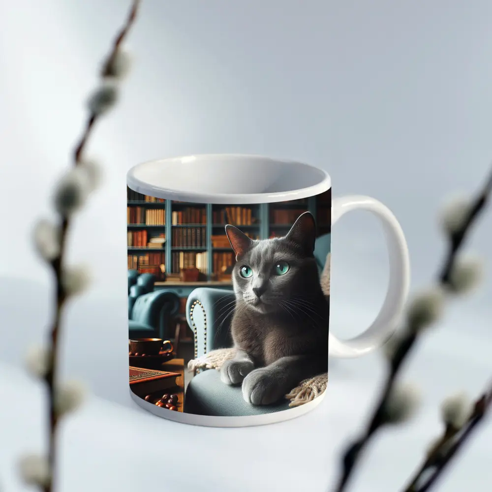 Russian Blue Cat Cozy Library Room – Mugs