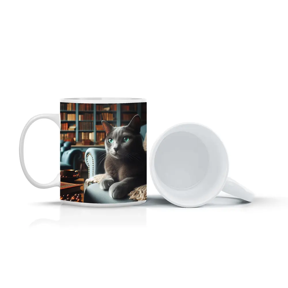 Russian Blue Cat Cozy Library Room – Mugs