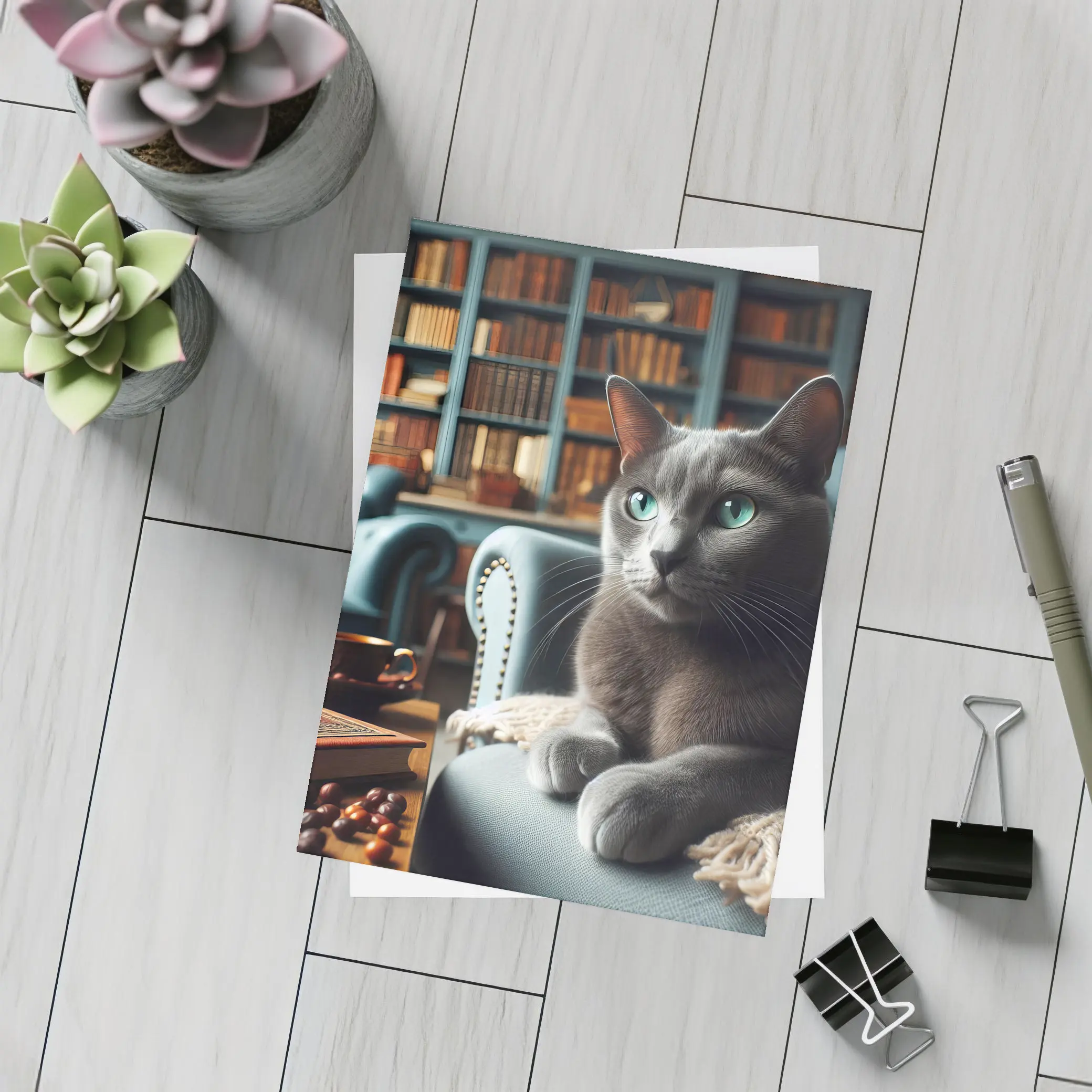 Russian Blue Cat Cozy Library Room – Postcards