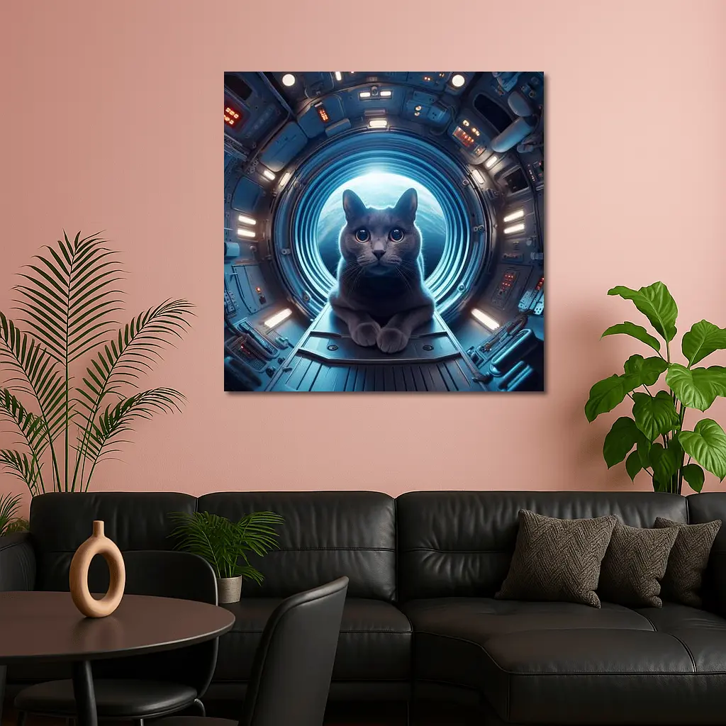 Gray Cat Inside Futuristic Space Station – Wall Art