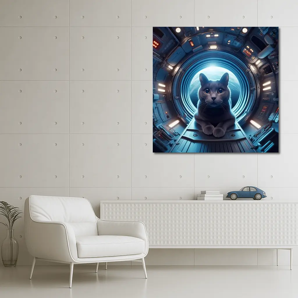 Gray Cat Inside Futuristic Space Station – Wall Art
