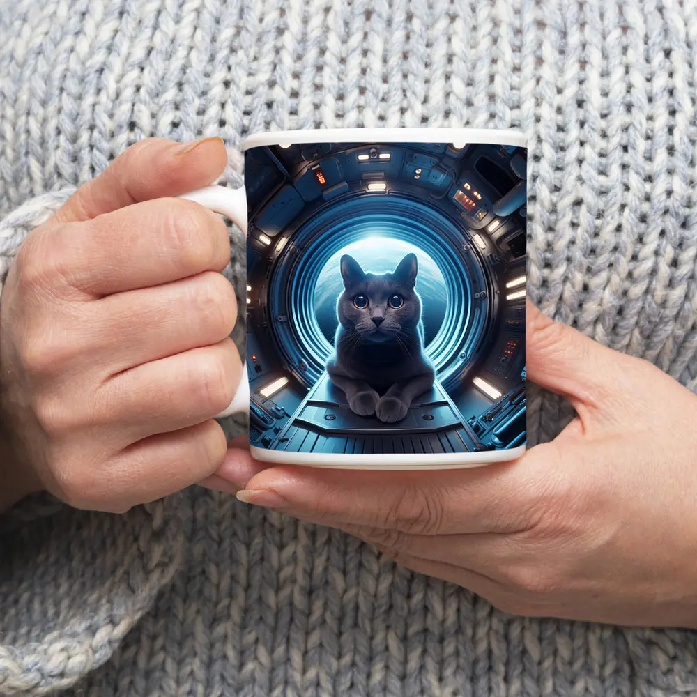 Gray Cat Inside Futuristic Space Station – Mugs