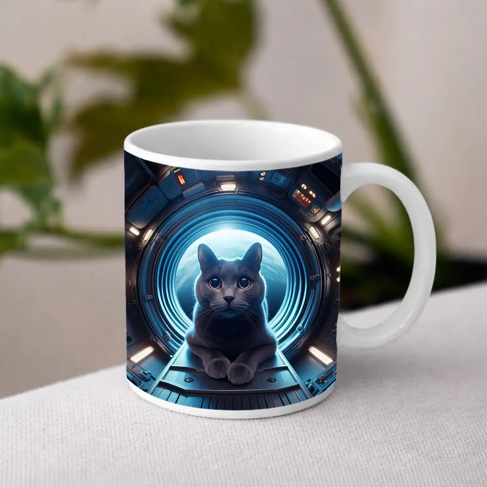 Gray Cat Inside Futuristic Space Station – Mugs