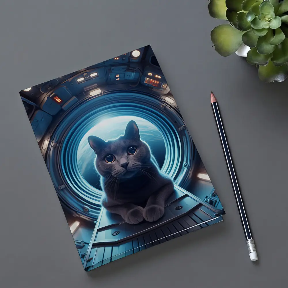 Gray Cat Inside Futuristic Space Station – Notebooks