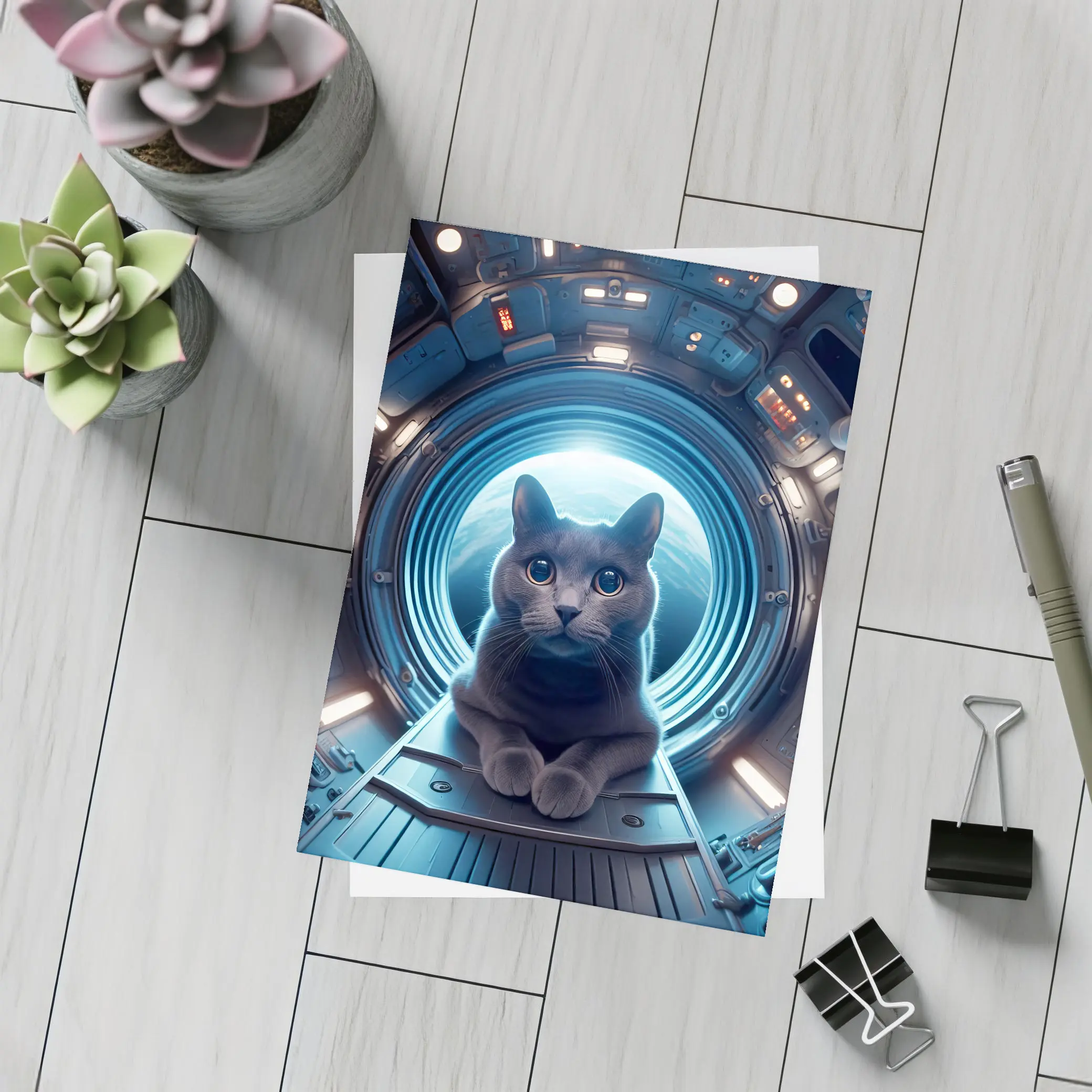 Gray Cat Inside Futuristic Space Station – Postcards