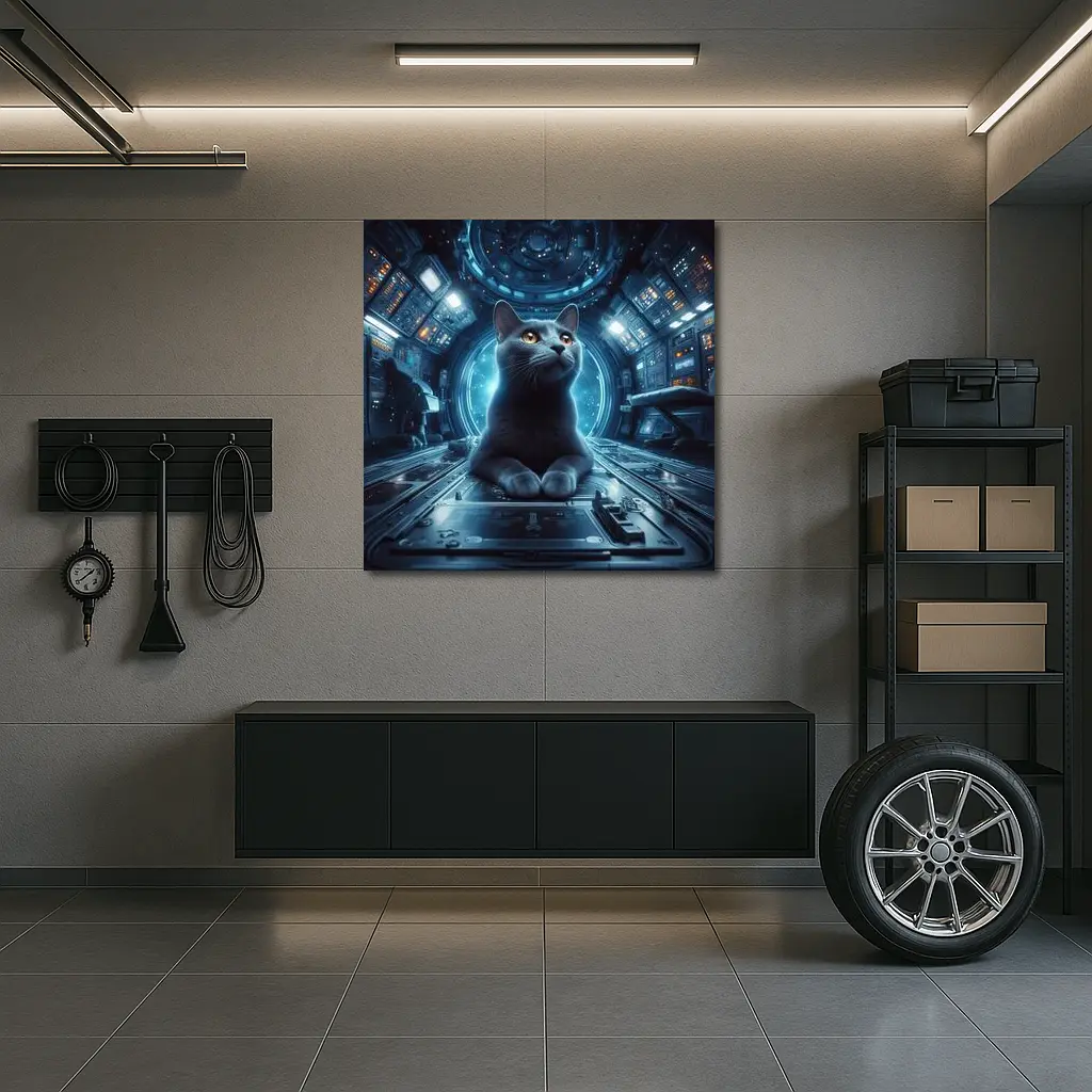 Gray Cat Inside Futuristic Space Station – Wall Art
