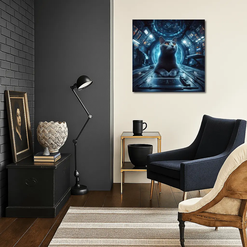 Gray Cat Inside Futuristic Space Station – Wall Art