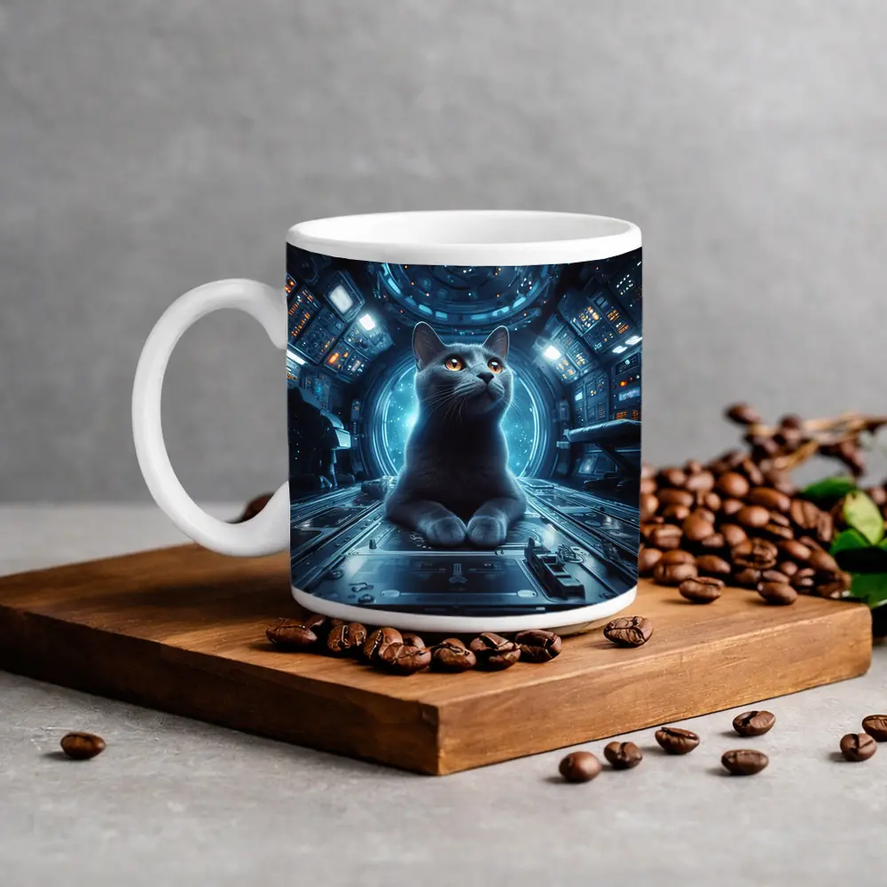 Gray Cat Inside Futuristic Space Station – Mugs