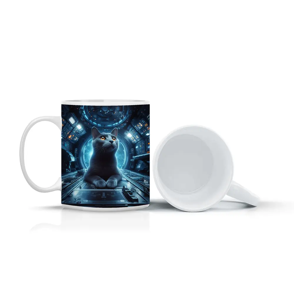Gray Cat Inside Futuristic Space Station – Mugs