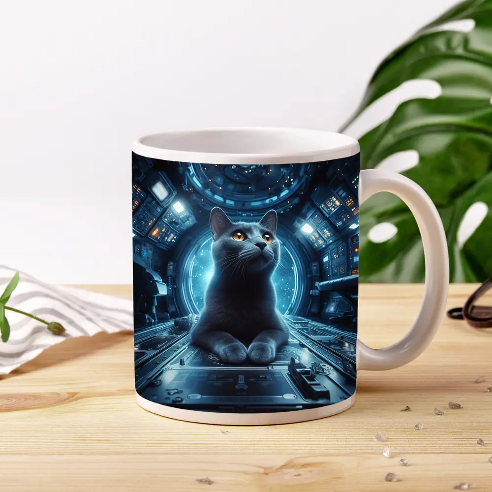 Gray Cat Inside Futuristic Space Station – Mugs