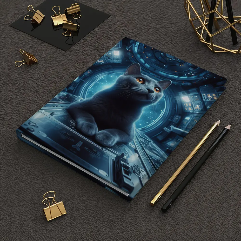 Gray Cat Inside Futuristic Space Station – Notebooks