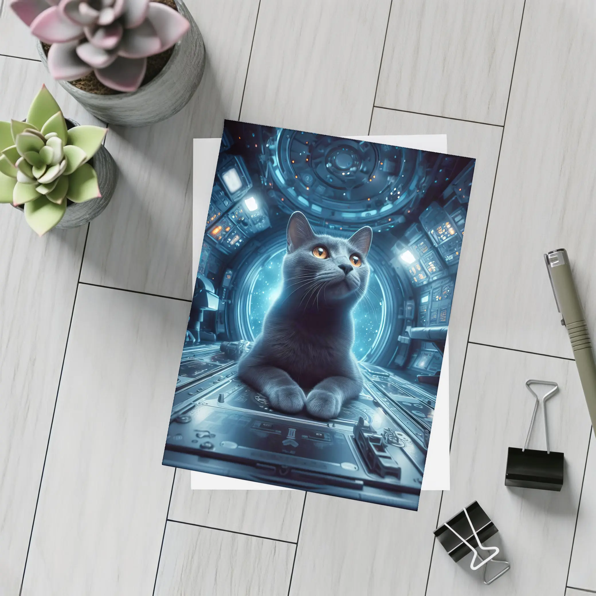 Gray Cat Inside Futuristic Space Station – Postcards