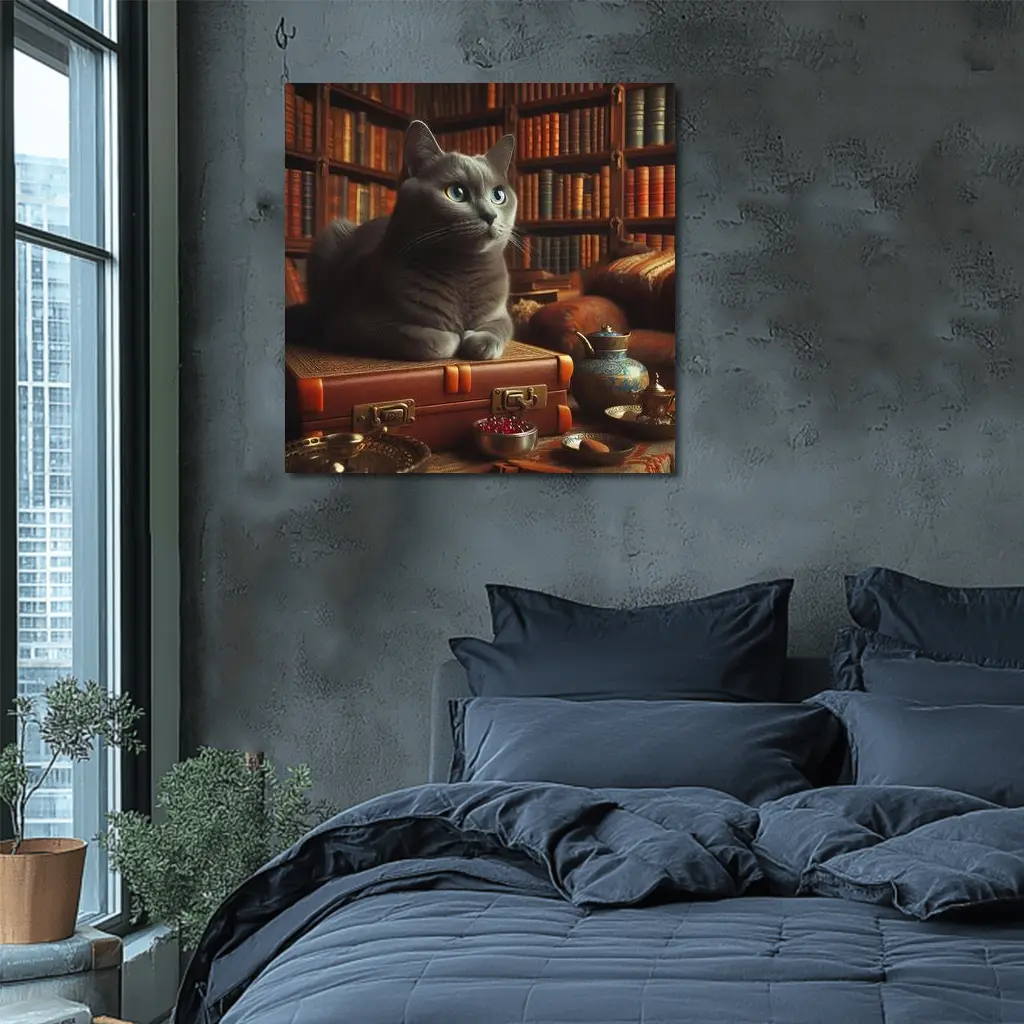 Russian Blue Cat Resting in Cozy Library – Wall Art