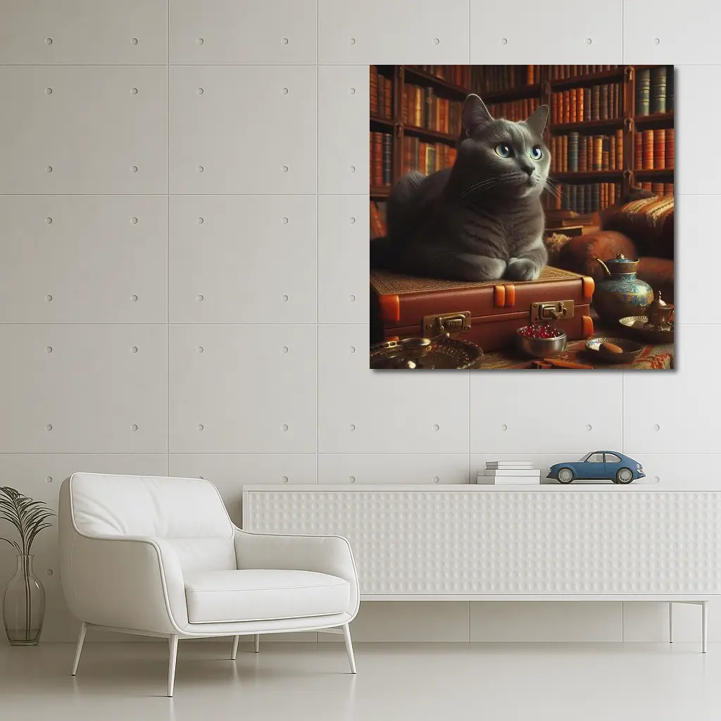 Russian Blue Cat Resting in Cozy Library – Wall Art