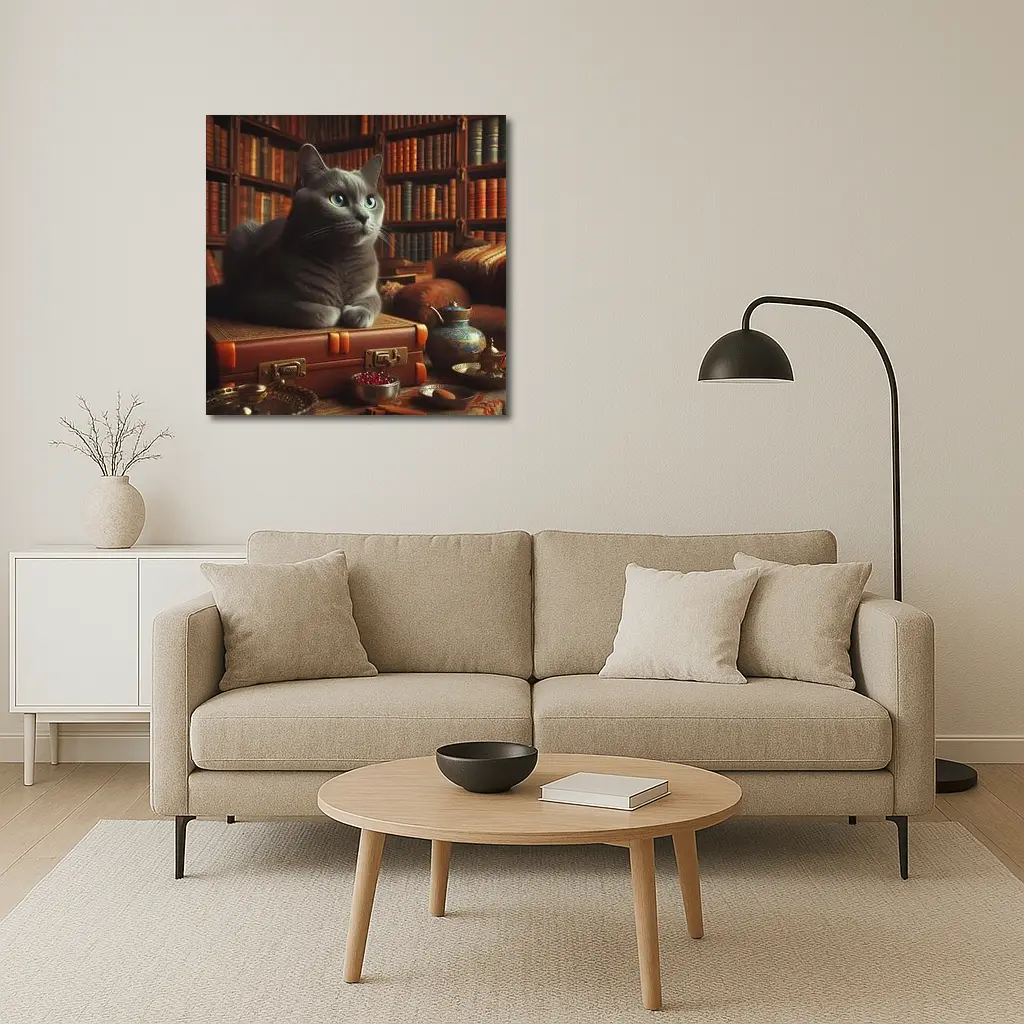 Russian Blue Cat Resting in Cozy Library – Wall Art