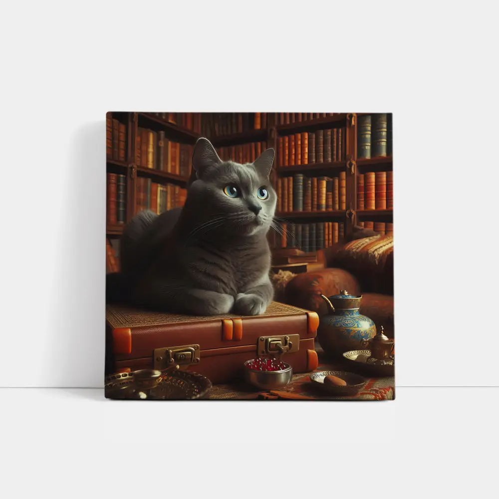 Russian Blue Cat Resting in Cozy Library – Wall Art