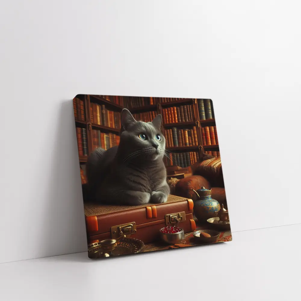 Russian Blue Cat Resting in Cozy Library – Wall Art