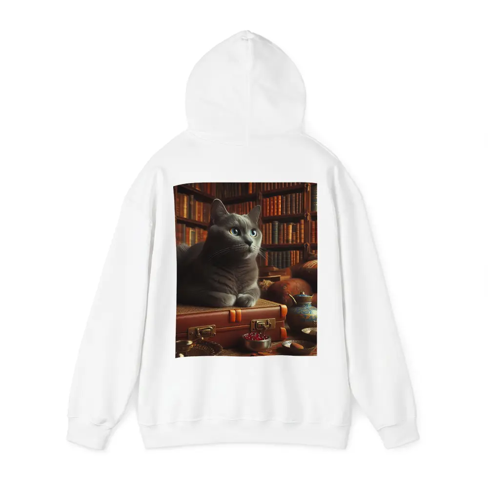 Russian Blue Cat Resting in Cozy Library – Hoodies