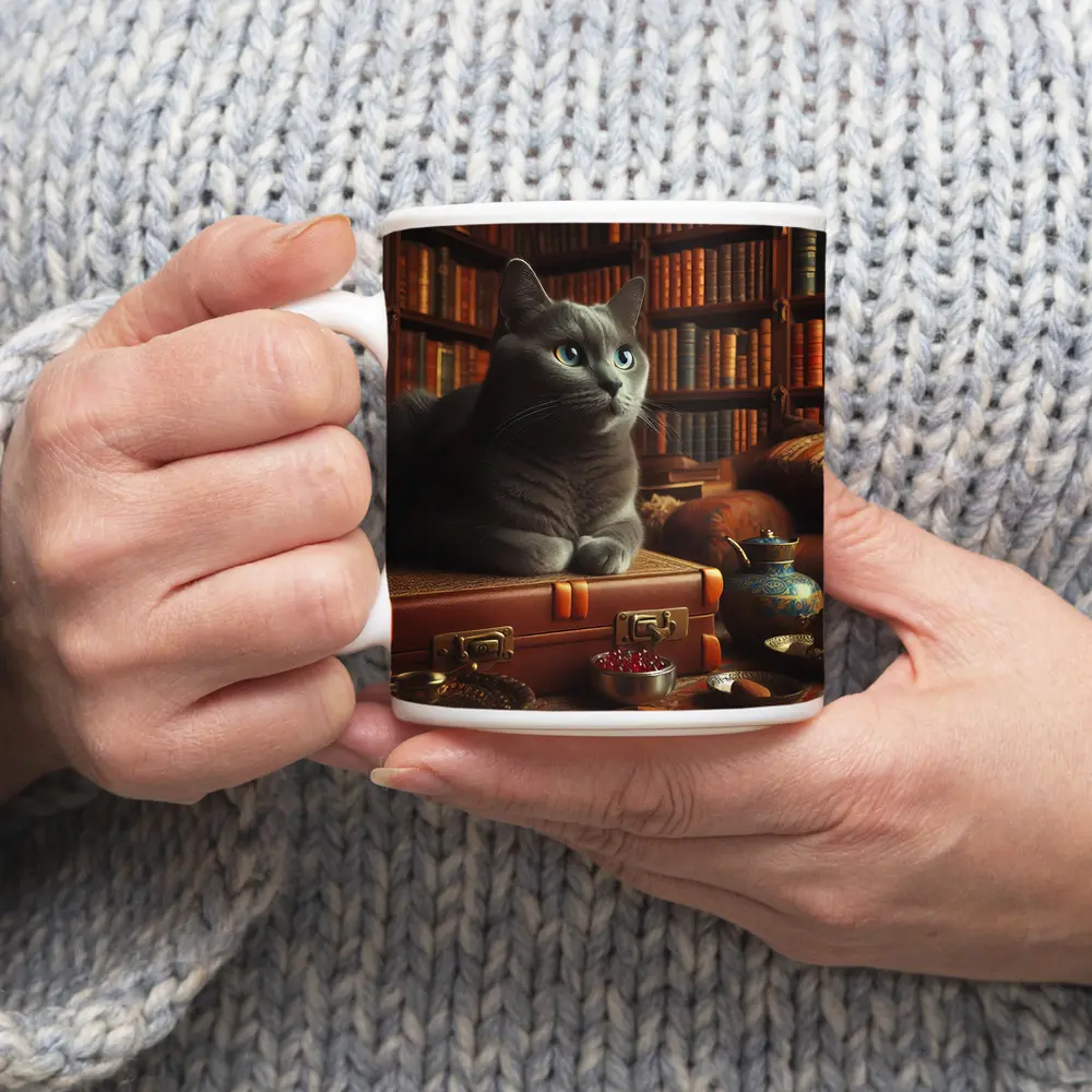 Russian Blue Cat Resting in Cozy Library – Mugs