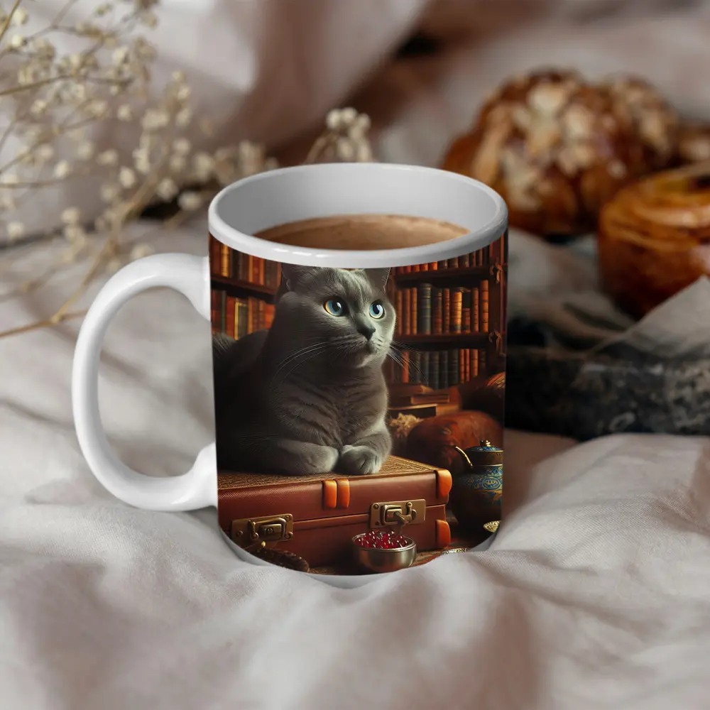 Russian Blue Cat Resting in Cozy Library – Mugs