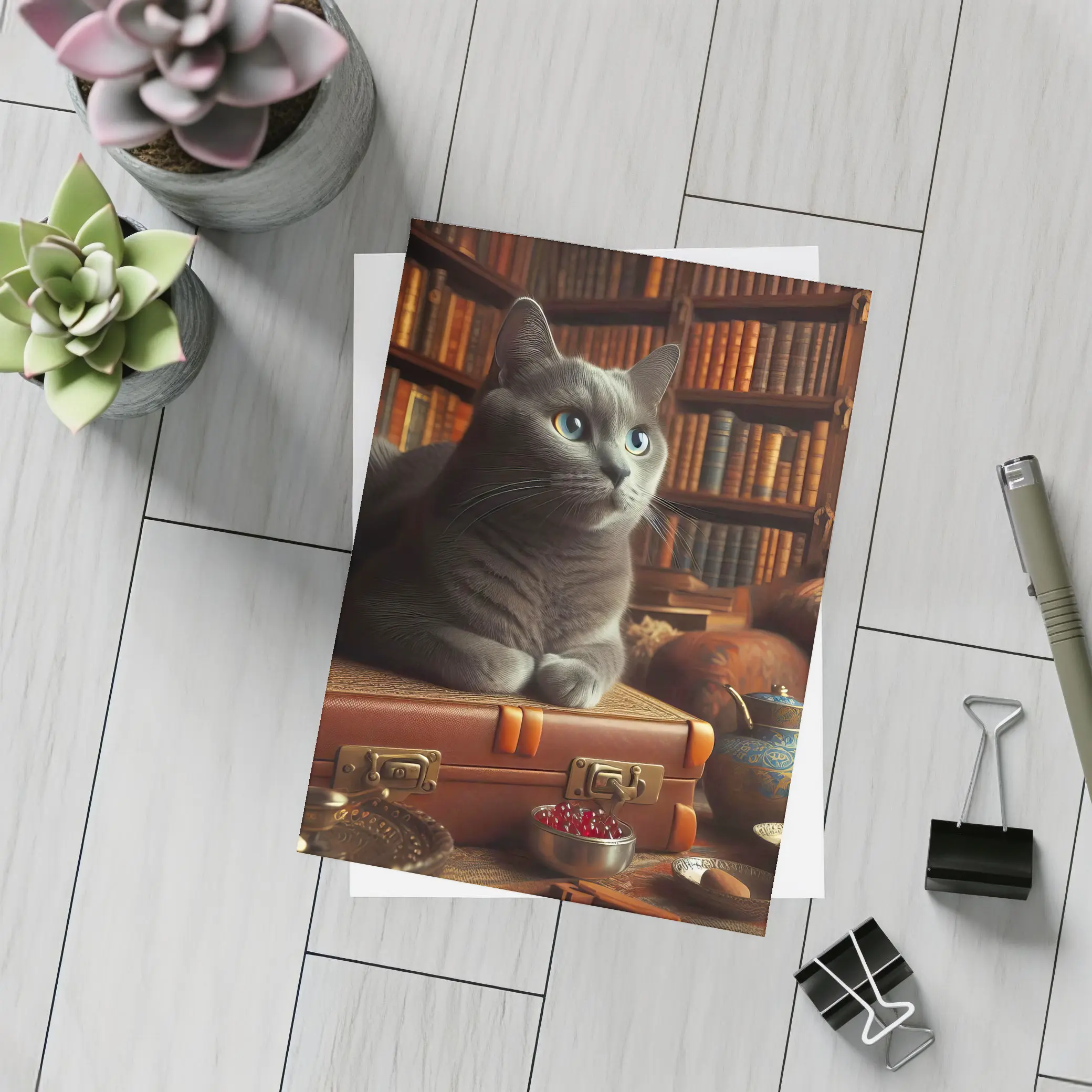 Russian Blue Cat Resting in Cozy Library – Postcards