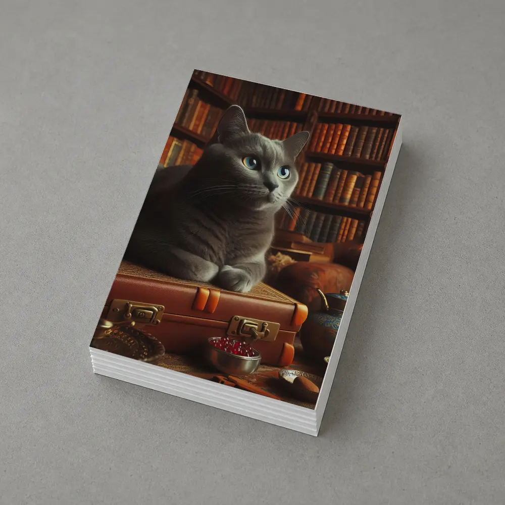 Russian Blue Cat Resting in Cozy Library – Postcards
