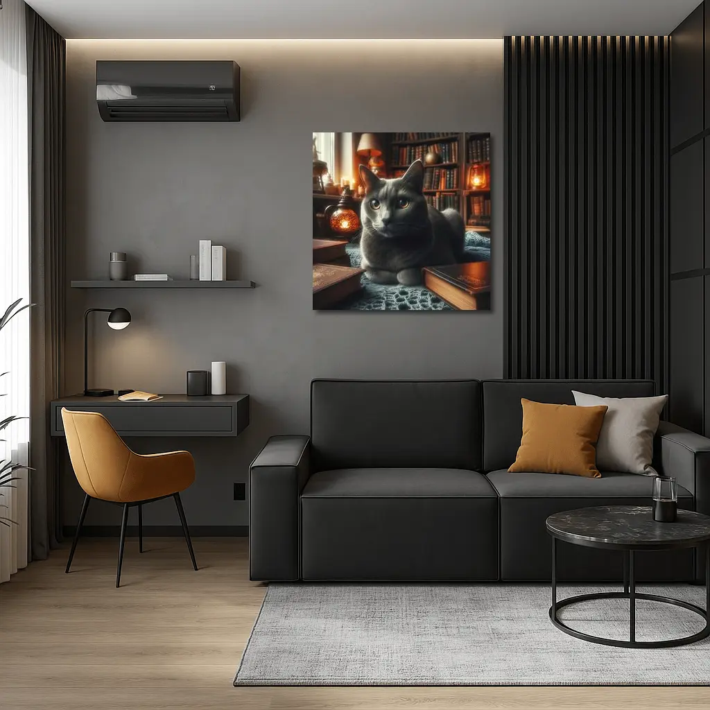 Gray Cat Resting in Cozy Library Setting – Wall Art
