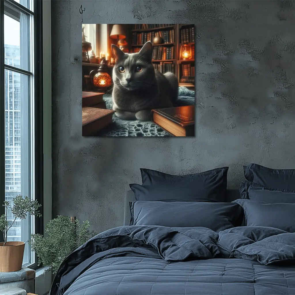 Gray Cat Resting in Cozy Library Setting – Wall Art