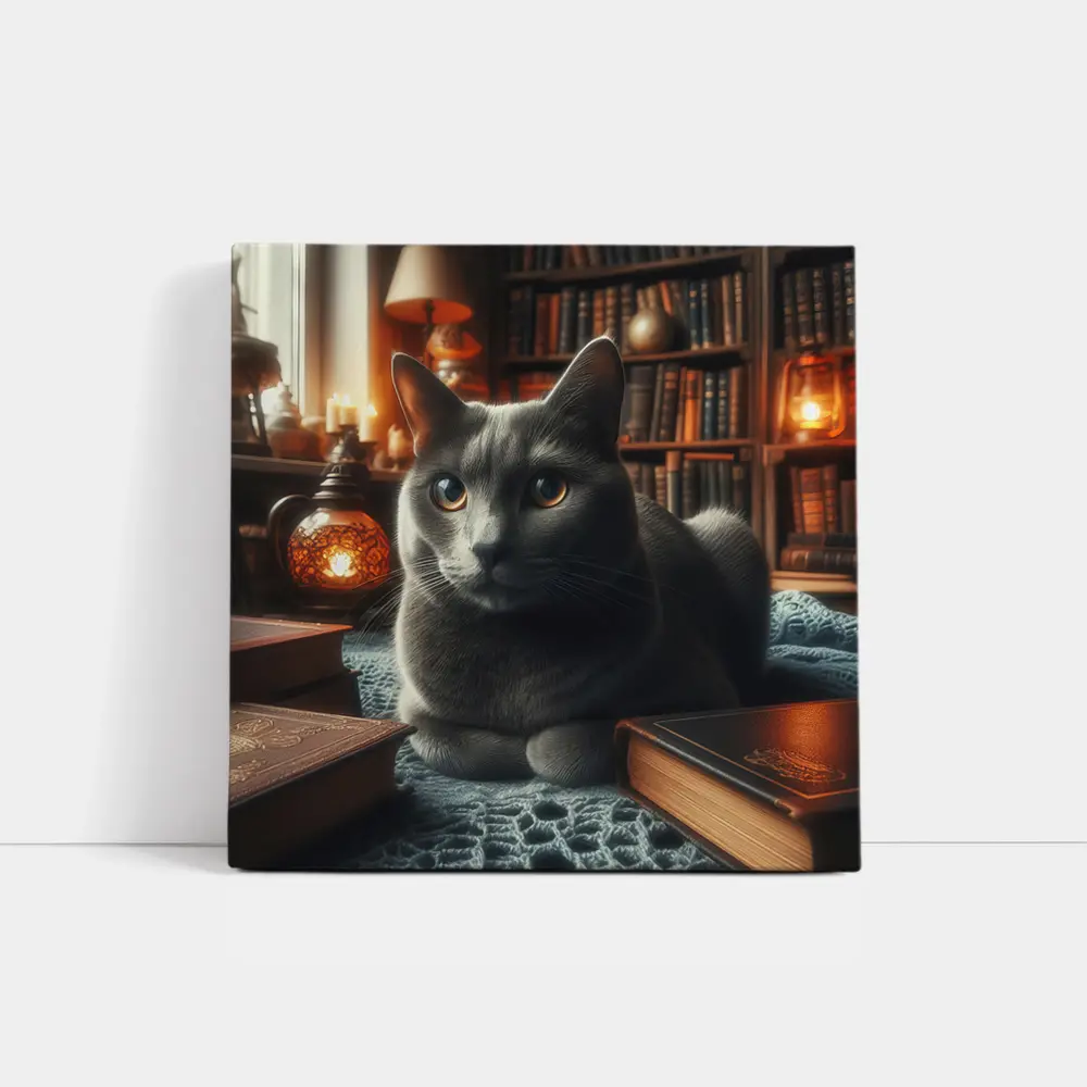 Gray Cat Resting in Cozy Library Setting – Wall Art