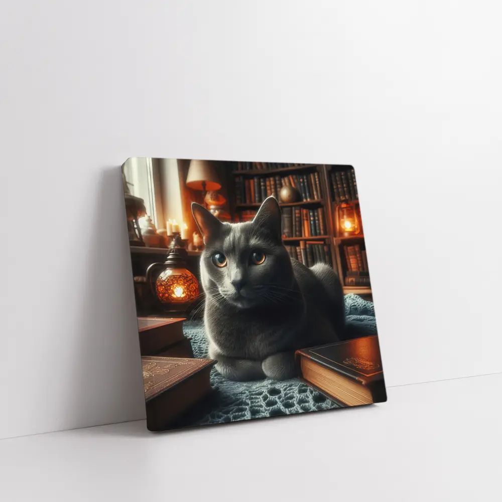 Gray Cat Resting in Cozy Library Setting – Wall Art