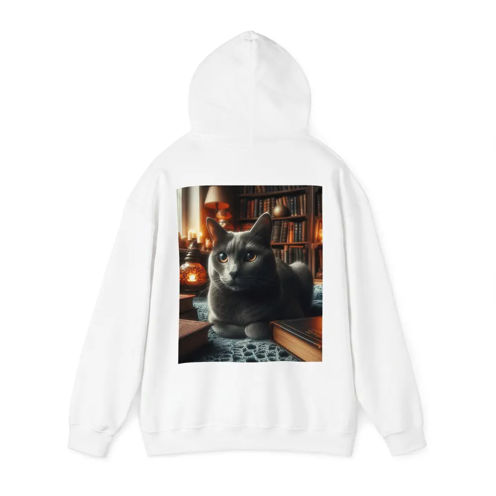 Gray Cat Resting in Cozy Library Setting – Hoodies