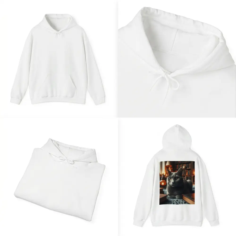 Gray Cat Resting in Cozy Library Setting – Hoodies