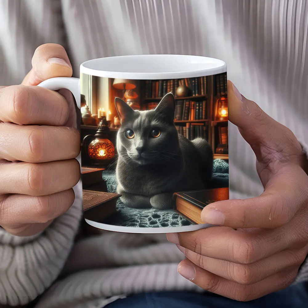Gray Cat Resting in Cozy Library Setting – Mugs