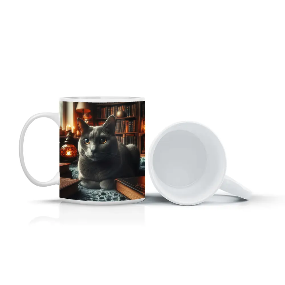 Gray Cat Resting in Cozy Library Setting – Mugs