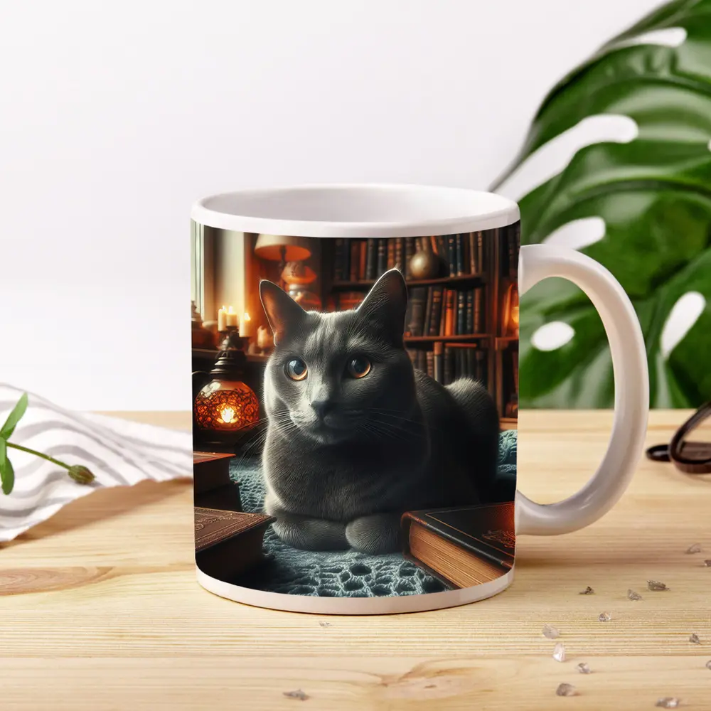 Gray Cat Resting in Cozy Library Setting – Mugs
