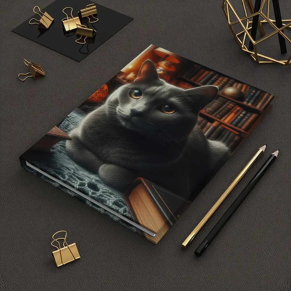 Gray Cat Resting in Cozy Library Setting – Notebooks