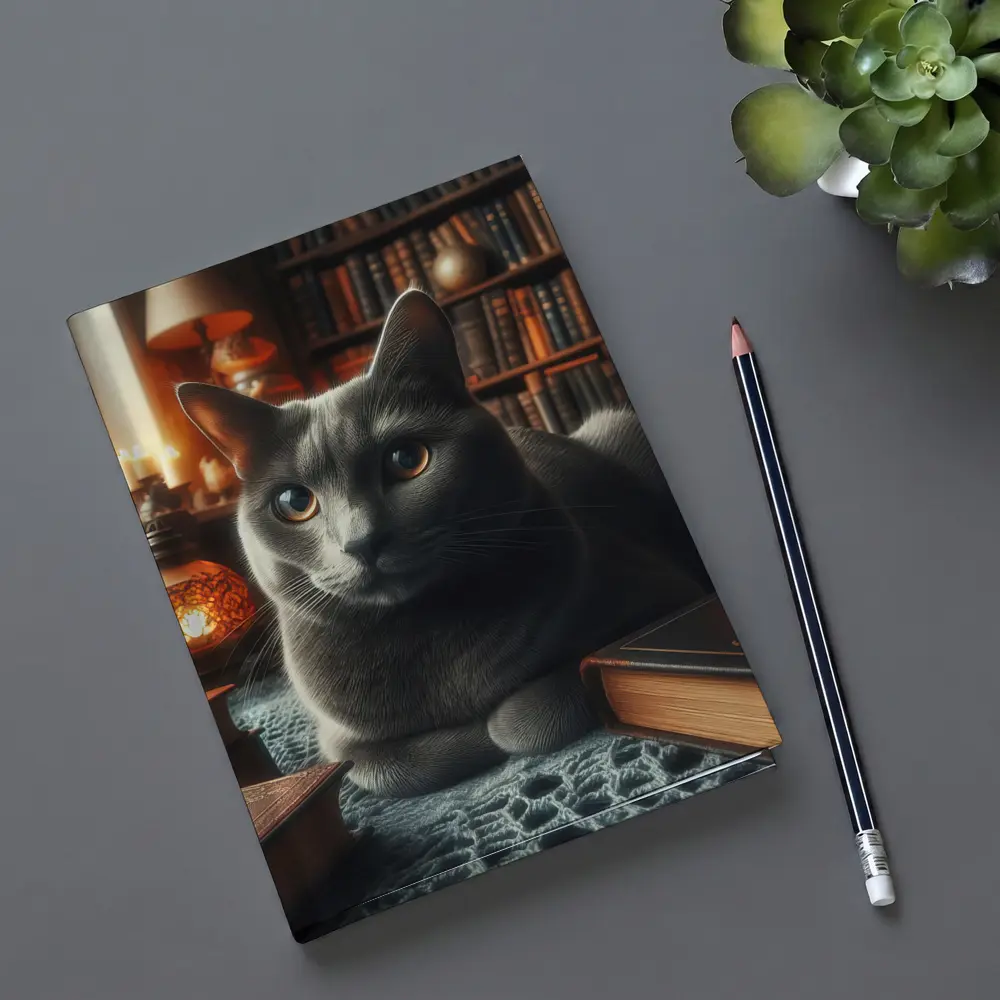Gray Cat Resting in Cozy Library Setting – Notebooks