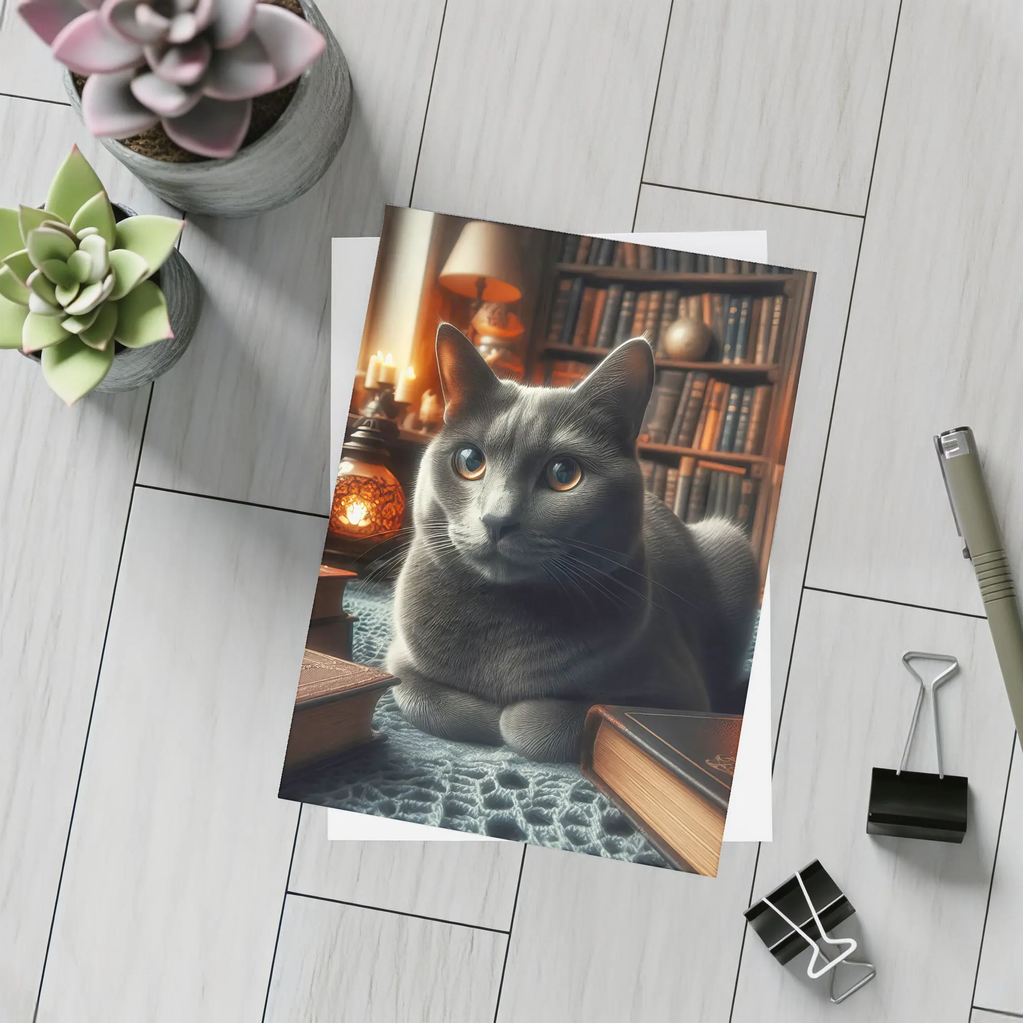 Gray Cat Resting in Cozy Library Setting – Postcards
