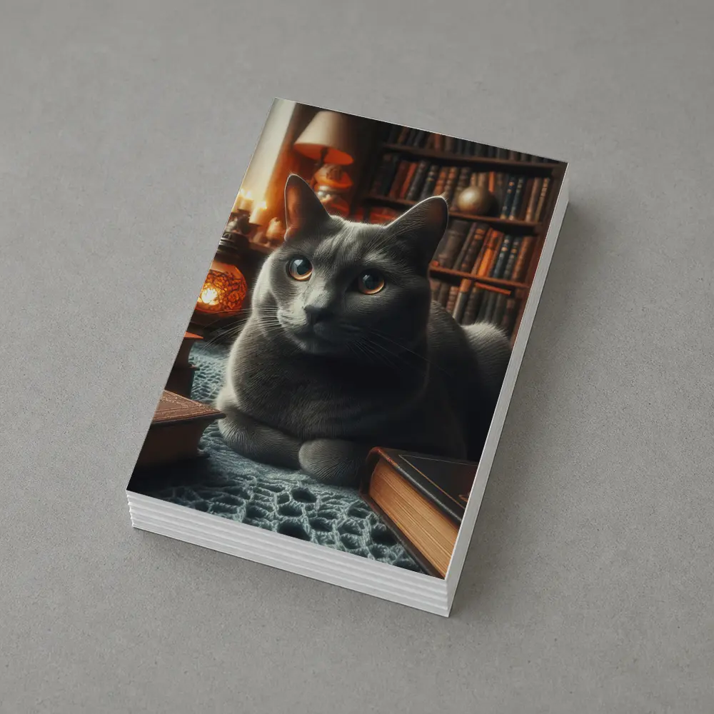 Gray Cat Resting in Cozy Library Setting – Postcards